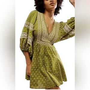 Free People NWT Sweet SW Embroidered Mini Dress in Olive Moss Green BUST 35.5”